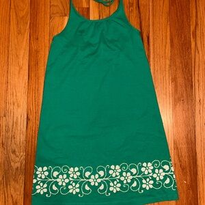 Hanna Andersson green/teal midi dress with white flower details along the bottom